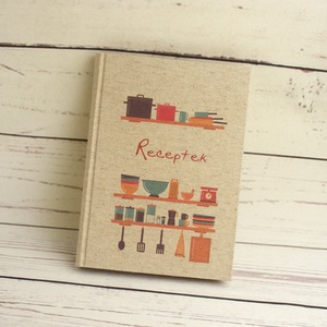 Receptgyűjtő könyv, retro stílusú recepteskönyv a saját receptekhez, konyhai eszközök vászon borítón - otthon & életmód - konyhafelszerelés, tálalás - Meska.hu