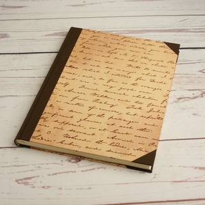 Vonalas napló A4-es lapokkal, régi kézírást utánzó borítóval, gerinc és sarkok sötétbarna vászonból, kézzel fűzött - otthon & életmód - papír, írószer - jegyzetfüzet & napló - Meska.hu