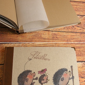 Nagyméretű album, fotóalbum barna bőr gerinccel, rusztikus, nyomtatott natúr vászonnal, egyedi felirattal, névvel is - otthon & életmód - papír, írószer - album & fotóalbum - Meska.hu