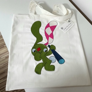 Kockás fülü nyúl hímzett vászontáska , Táska & Tok, Bevásárlás & Shopper táska, Shopper, textiltáska, szatyor, Hímzés, Varrás, MESKA