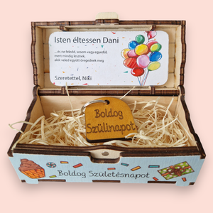 Születésnapi ajándék doboz - egyedi szöveggel és névvel, Esküvő, Emlék & Ajándék, Nászajándék, Esküvői pénzátadó doboz, Decoupage, transzfer és szalvétatechnika, Gravírozás, pirográfia, MESKA