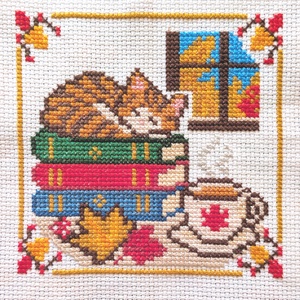 Keresztszemes minta - Kis őszi kép cicával - diy (csináld magad) - szabásminta, útmutató - hímzés minta - Meska.hu