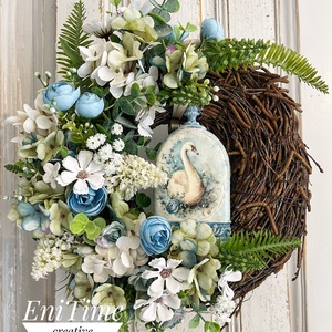 Tavaszi vesszőkoszorú, egyedi dísszel, Otthon & Életmód, Dekoráció, Ajtó- és ablak dekoráció, Ajtódísz & Kopogtató, Decoupage, transzfer és szalvétatechnika, Virágkötés, MESKA