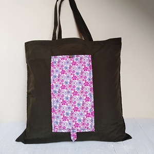 Szatyor, összecsukható, pink virágos, olajzöld  - táska & tok - bevásárlás & shopper táska - shopper, textiltáska, szatyor - Meska.hu