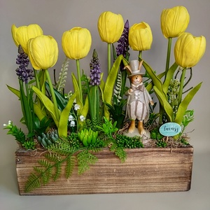 Sárga tulipános tavaszi asztaldísz , Otthon & Lakás, Dekoráció, Asztal és polc dekoráció, Asztaldísz, Virágkötés, MESKA