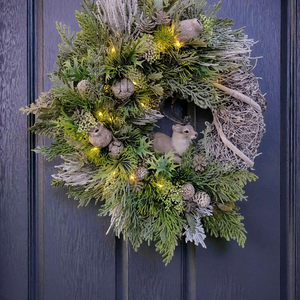 Téli ajtódísz (világít), Karácsony, Karácsonyi lakásdekoráció, Karácsonyi ajtódíszek, Virágkötés, MESKA