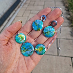 Türkiz-zöld-sárga ékszer szett - ékszer - nyaklánc - medál - Meska.hu