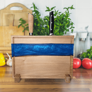 3 az 1-ben prémium vágódeszka, késtartó és tálaló egyben kék, Otthon & Életmód, Konyhafelszerelés, tálalás, Sütés, főzés, Vágódeszka, Famegmunkálás, MESKA