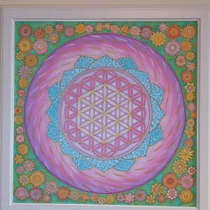 Élet virága mandala selyemkép kis virágos szegéllyel - művészet - textilkép - egyéb - Meska.hu