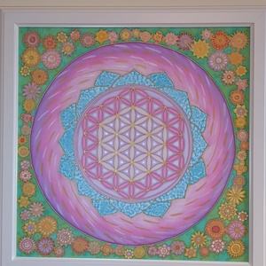 Élet virága mandala selyemkép kis virágos szegéllyel - művészet - textilkép - egyéb - Meska.hu