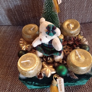 Green Velvet adventi szett macival, zöld-arany karácsonyi kopogtató és box - karácsony - adventi díszek - adventi koszorú - Meska.hu