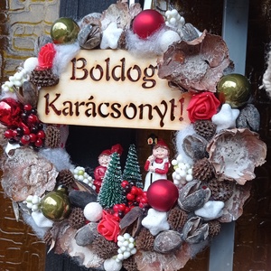Boldog karácsonyt feliratos karácsonyi ajtódísz kopogtató - piros/fehér-zöld, Karácsony, Adventi díszek, Adventi ajtódísz, Virágkötés, MESKA