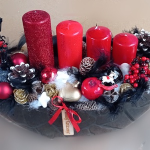 Adventi asztaldísz dekoráció csónak tálban -fekete - piros - arany - fehér - Meska.hu