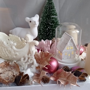 Adventi asztaldísz box led házikóval - púder/rózsaszín/fehér, Karácsony, Adventi díszek, Adventi asztaldísz, Virágkötés, MESKA