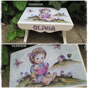 Az olvasó kislány cicával - otthon & lakás - babaszoba, gyerekszoba - gyerek szék, sámli - Meska.hu