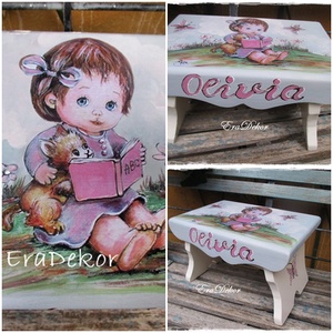 Az cicás kislány meséje, névre szóló sámlik kislányoknak , Otthon & Életmód, Babaszoba, gyerekszoba, Gyerek szék, sámli, Festett tárgyak, MESKA