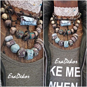 2db Bohém romantika nyaklánc türkiz, szürke - Meska.hu