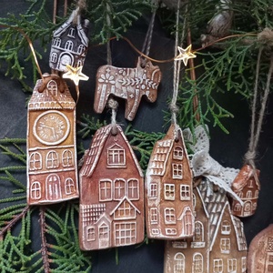Rusztikus házak karácsonyfadíszek 16 db/szett - karácsony - karácsonyi lakásdekoráció - karácsonyfadíszek - Meska.hu