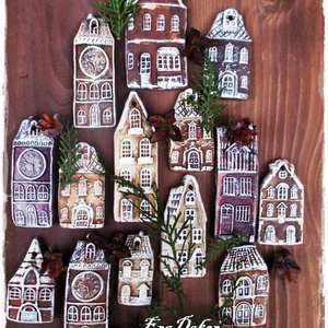 Rusztikus házak karácsonyfadíszek 16 db/szett, Karácsony, Karácsonyi lakásdekoráció, Karácsonyfadíszek, Festett tárgyak, MESKA