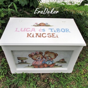 Ikermacis játéktároló  láda ikreknek - baba - mama - keresztelő kellékek - keresztelőajándékok - Meska.hu