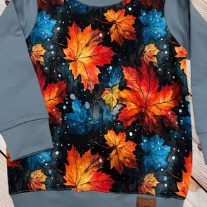 Őszi faleveles gyerek pulóver � Szürke futter anyagból, élénk mintával (98-as méret), Ruha & Divat, Gyerekruha, Pulóver, Varrás, MESKA