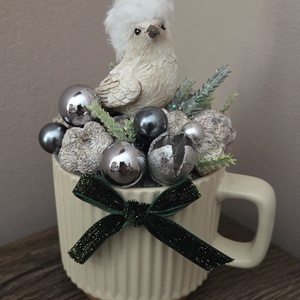 Karácsonyi asztaldísz-Ezüst madárkás, Karácsony, Karácsonyi lakásdekoráció, Ünnepi asztaldekoráció, Virágkötés, MESKA