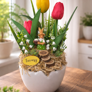 Tulipános tavaszi asztaldísz , Otthon & Életmód, Dekoráció, Asztal és polc dekoráció, Asztaldísz, Virágkötés, MESKA