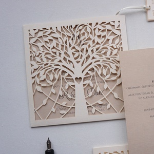 Lézervágott esküvői meghívó, fa mintás, lasercut meghívó, szívecske, prémium meghívó. - esküvő - meghívó & kártya - meghívó - Meska.hu