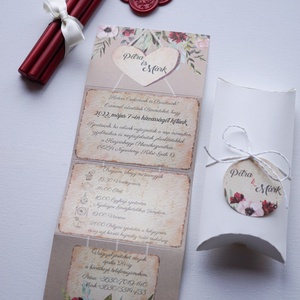 Dobozos esküvői meghívó, virágmintás meghívó, párna dobozos meghívó, harmónika meghívó - esküvő - meghívó & kártya - meghívó - Meska.hu