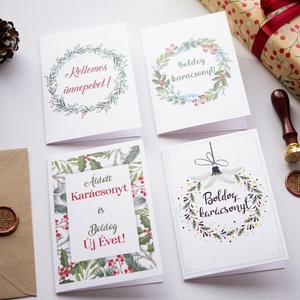 Zöldágas Karácsonyi Képeslap gyűjtemény, 4 darab, karácsonyi üdvözlő lap, ünnepi képeslap, mikulás, Karácsony, Karácsonyi ajándékozás, Karácsonyi képeslap, üdvözlőlap, ajándékkísérő, Papírművészet, Fotó, grafika, rajz, illusztráció, MESKA