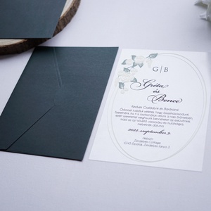 Plexi  esküvői meghívó sötét zöld borítékkal, akril meghívó, virágos meghívó, átlátszó meghívó - esküvő - meghívó & kártya - meghívó - Meska.hu