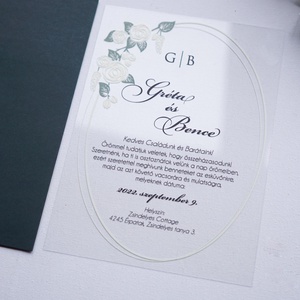 Plexi  esküvői meghívó sötét zöld borítékkal, akril meghívó, virágos meghívó, átlátszó meghívó - esküvő - meghívó & kártya - meghívó - Meska.hu