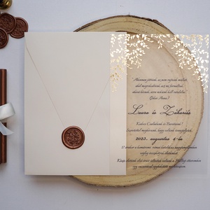 Plexi esküvői meghívó aranyfóliázott levélmintával és viaszpecséttel, akril meghívó, pecsétes meghívó, átlátszó meghívó - esküvő - meghívó & kártya - meghívó - Meska.hu