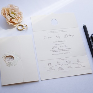 Kinyitható arany leveles esküvői meghívó, kivágott középső résszel, krém és arany meghívó, aranyprégelt mintával - esküvő - meghívó & kártya - meghívó - Meska.hu