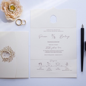 Kinyitható arany leveles esküvői meghívó, kivágott középső résszel, krém és arany meghívó, aranyprégelt mintával - esküvő - meghívó & kártya - meghívó - Meska.hu
