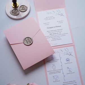 Rózsaszín kinyitható esküvői meghívó, viaszpecséttel, zsebes meghívó, borítékra hajtható meghívó - esküvő - meghívó & kártya - meghívó - Meska.hu