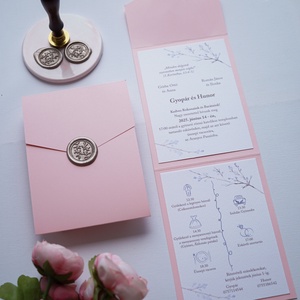 Rózsaszín kinyitható esküvői meghívó, viaszpecséttel, zsebes meghívó, borítékra hajtható meghívó - esküvő - meghívó & kártya - meghívó - Meska.hu