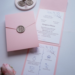 Rózsaszín kinyitható esküvői meghívó, viaszpecséttel, zsebes meghívó, borítékra hajtható meghívó - esküvő - meghívó & kártya - meghívó - Meska.hu