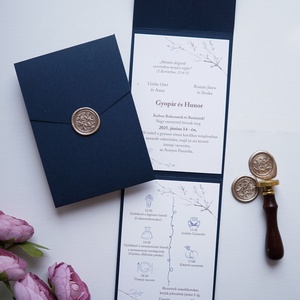 Tengerészkék kinyitható esküvői meghívó, viaszpecséttel, zsebes meghívó, borítékra hajtható meghívó - esküvő - meghívó & kártya - meghívó - Meska.hu