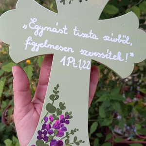Kézzel festett fa kereszt esküvőre, keresztelőre, névre szóló, dátummal, egyedi mintával , Otthon & Életmód, Vallás, Kereszt, Festészet, MESKA