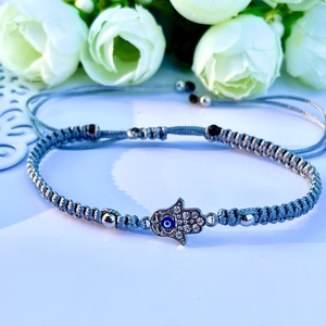 Hamsa és gonosz szem fonott fekete karkötő  kézzel készült, Ékszer, Karkötő, Fonott karkötő, Csomózás, Gyöngyfűzés, gyöngyhímzés, MESKA