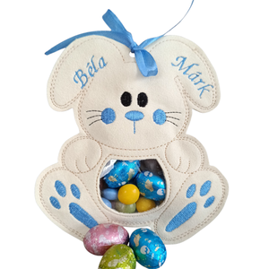 Nyuszi formájú apró ajándék tartó , pénzátadó, Ünnepi díszek, dekorációk, Húsvéti díszek és dekorációk, Húsvéti pénzátadó, Hímzés, MESKA