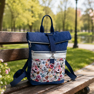 Kék-ezüst virágos vízhatlan rolltop női hátitáska - Meska.hu