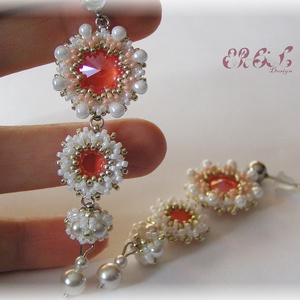 Korallpiros Swarovski fülbevaló  - ékszer - fülbevaló - lógó fülbevaló - Meska.hu