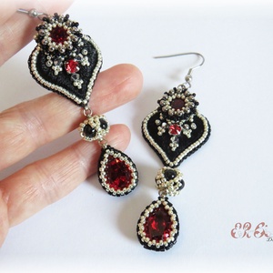 Piros - fekete - ezüst fülbevaló Swarovski kristályokkal - ékszer - fülbevaló - lógó csepp fülbevaló - Meska.hu
