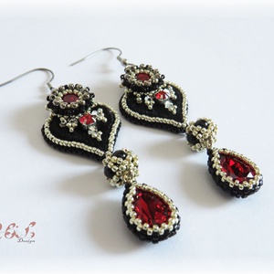 Piros - fekete - ezüst fülbevaló Swarovski kristályokkal - ékszer - fülbevaló - lógó csepp fülbevaló - Meska.hu