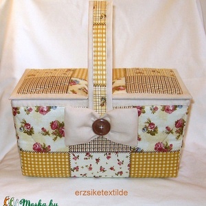 Kézimunka-  vagy  varrókosár  sárga-viágosbarna-rózsás patchwork  mintás anyagból - Meska.hu