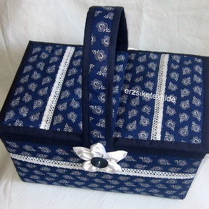 Varróeszköztartó-  vagy kézimunka kosár sötétkék-fehér színben -  - Meska.hu