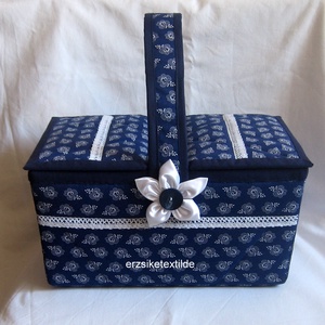 Varróeszköztartó-  vagy kézimunka kosár sötétkék-fehér színben - Meska.hu