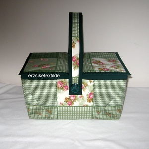 Varró- vagy kézimunka kosár zöld foltvarrásos anyagból sötét zöld béléssel - Meska.hu